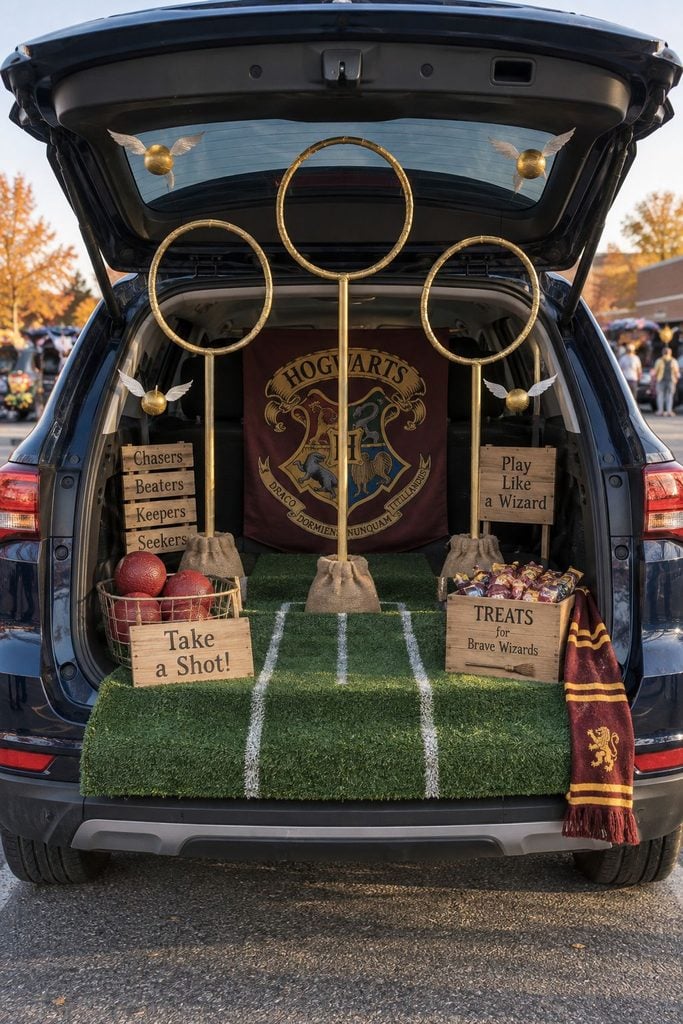 Quidditch themed trunk or treat with hula hoop goals, golden snitch balloons, and a green grass mat