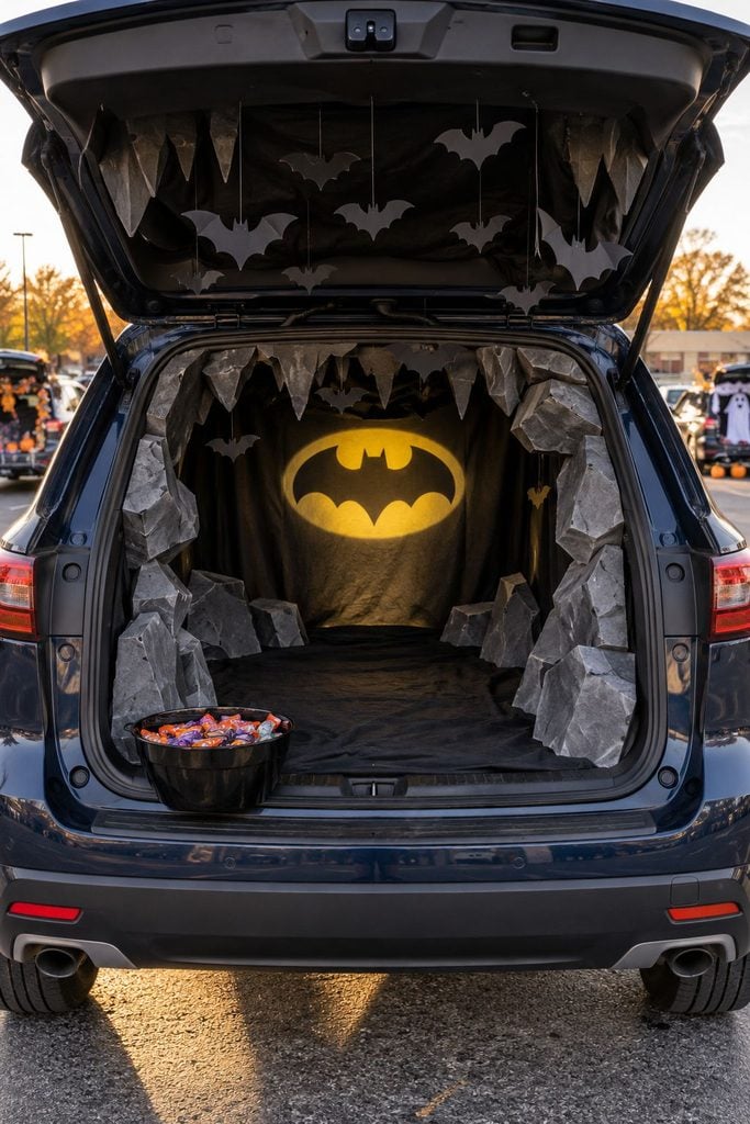 Batcave trunk or treat with a black backdrop, bat cutouts, gray cardboard rocks, and a bat signal