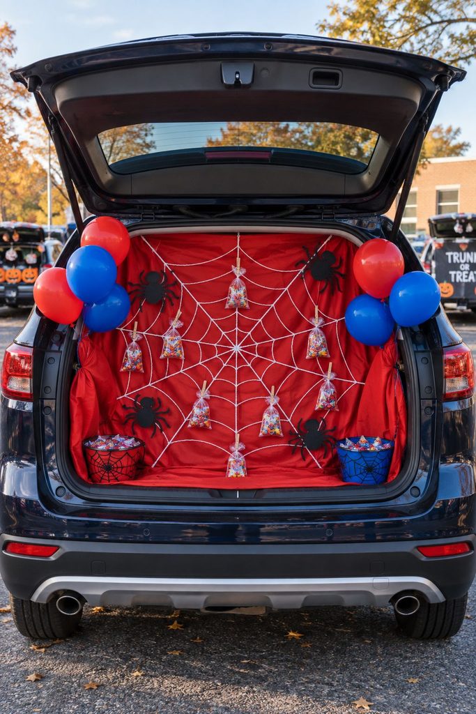Spider-Man themed trunk or treat with white yarn spider web, red and blue balloons, and hanging candy