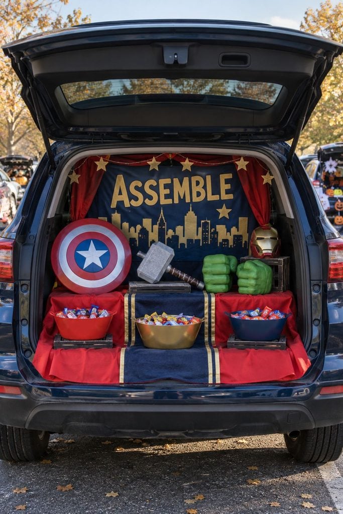 Avengers themed trunk or treat with a round shield, foam hammer, green Hulk fists, and an Assemble sign