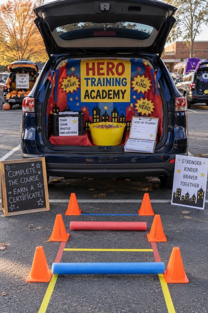Superhero training academy trunk or treat with an obstacle course of cones and tape and hero in training certificates