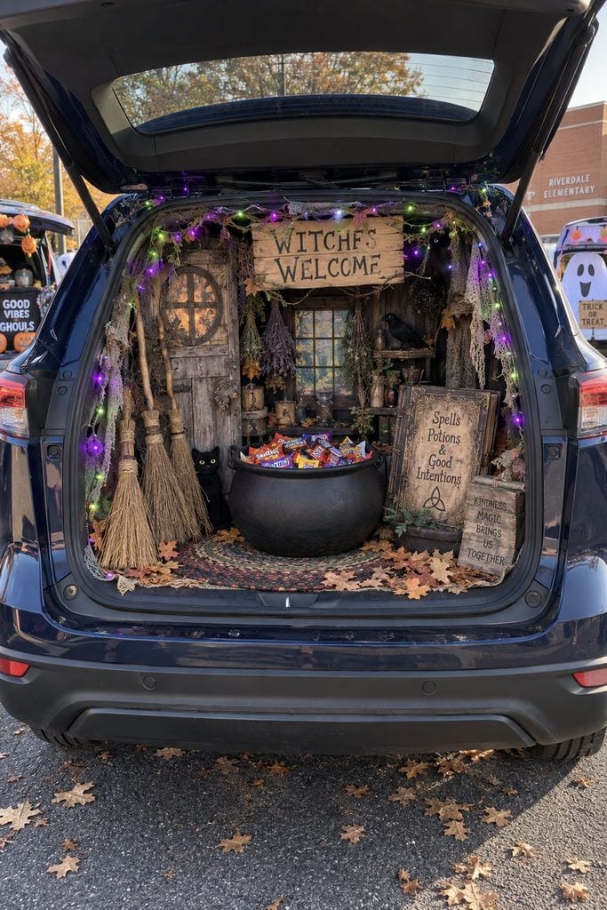 Hocus Pocus themed trunk or treat with a black cauldron, spell book, brooms, and purple and green lights