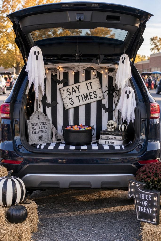 Beetlejuice themed trunk or treat with black and white striped backdrop, ghosts, and a handwritten sign