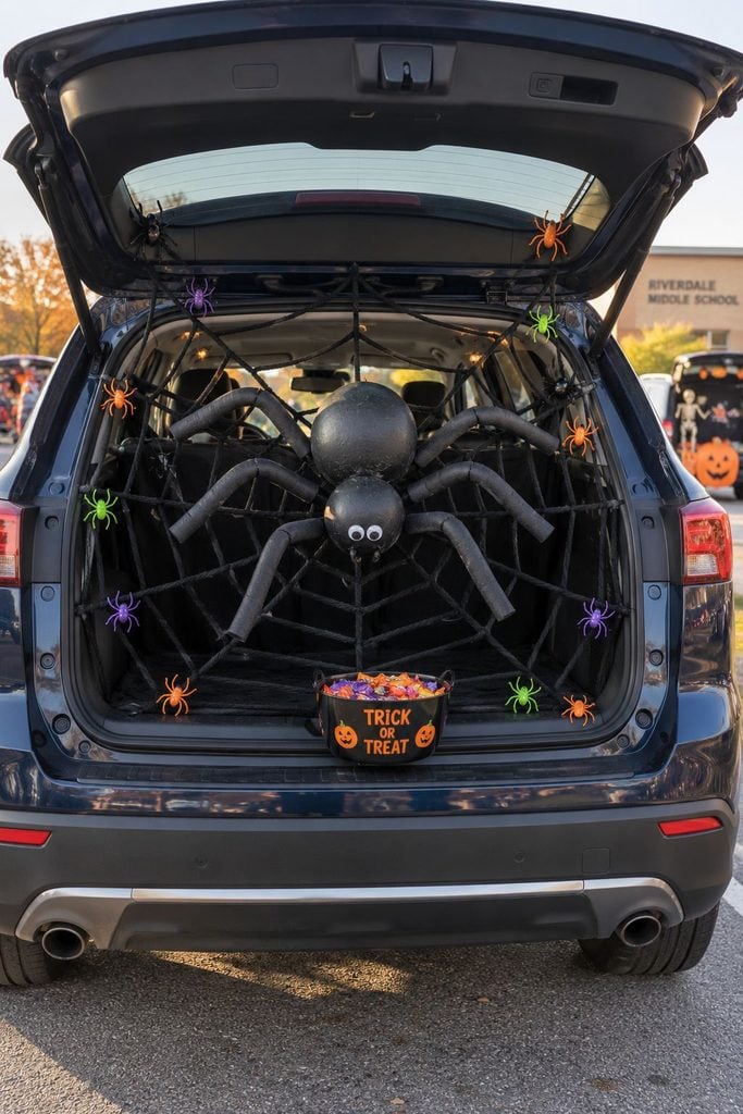 Giant spider web trunk or treat idea with a large black balloon spider