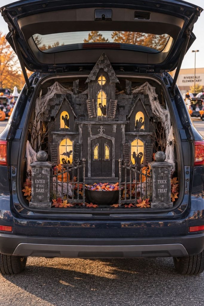 Haunted mansion trunk or treat with a cardboard house front, glowing windows, ghost silhouettes, and flickering LED candles