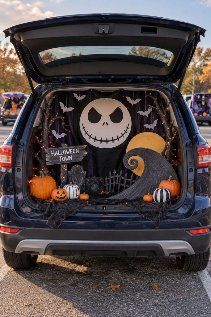 Nightmare Before Christmas trunk or treat with a Halloween Town sign, spiral hill, and a Jack Skellington face