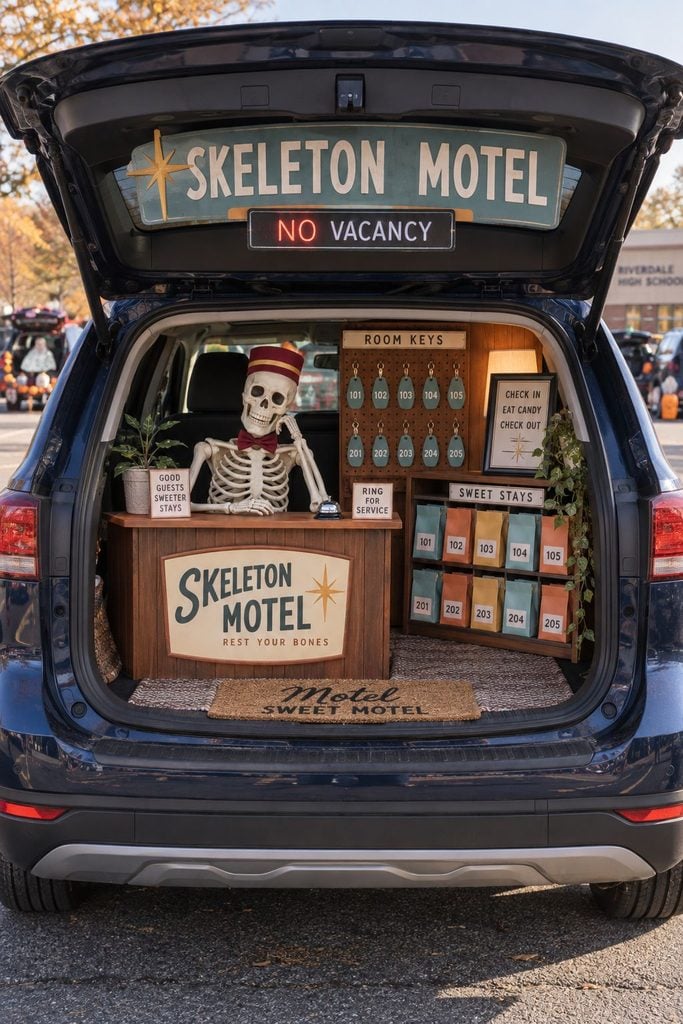 Skeleton motel trunk or treat idea with a No Vacancy sign and candy room key envelopes