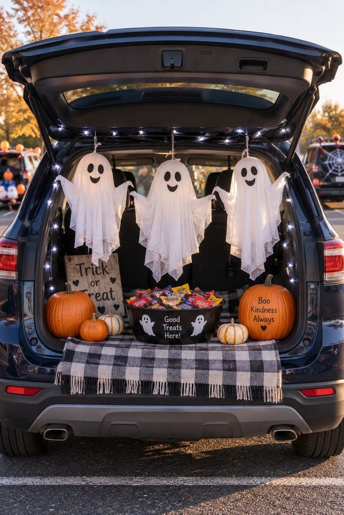 Trunk or treat display with smiling white ghosts made from sheets, wire hanger arms, and string lights