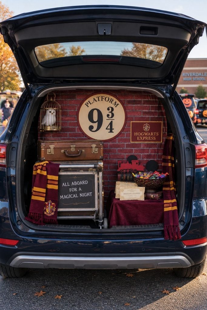 Harry Potter trunk or treat with a brick wall backdrop, Platform 9 3/4 sign, and vintage suitcases
