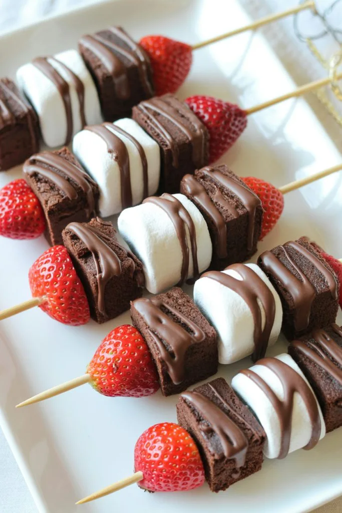 Brownie and strawberry dessert skewers drizzled with chocolate