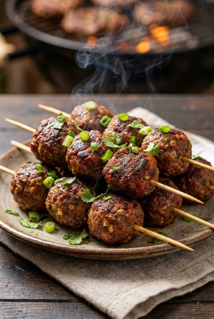 BBQ glazed meatballs threaded onto skewers