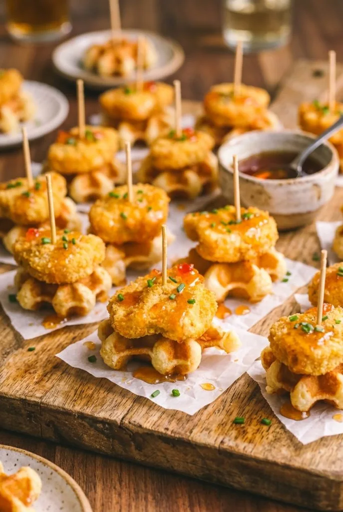 Mini waffle and crispy chicken bite skewers with maple drizzle