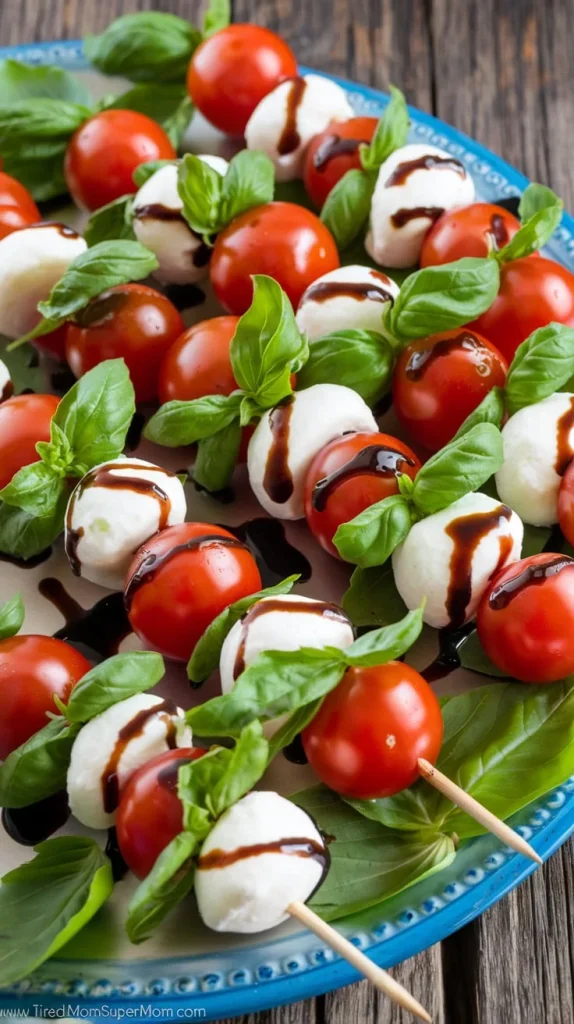 Caprese skewers with cherry tomatoes, mozzarella, and basil drizzled with balsamic glaze