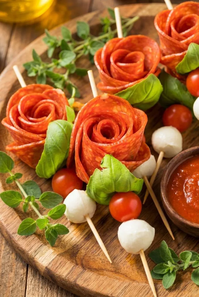 Pepperoni rose skewers with mozzarella, tomato, and olive