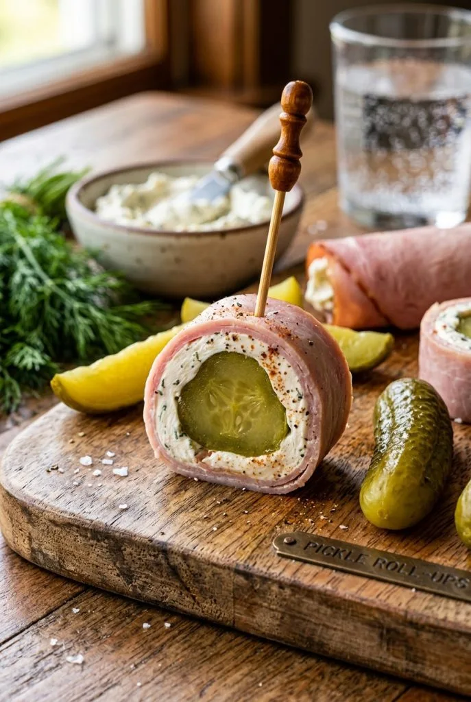 Pickle roll up skewers with cream cheese and deli meat