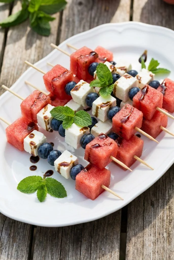 Watermelon feta and blueberry skewers on a platter with mint garnish