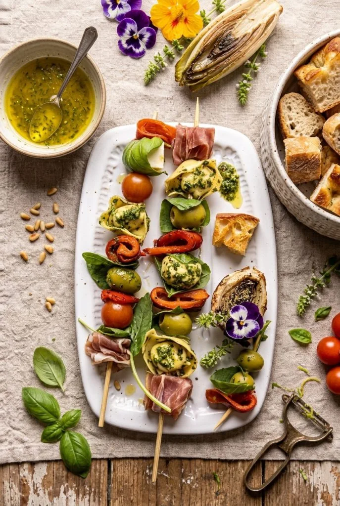 Tortellini antipasto skewers with salami, mozzarella, olives, and tomato