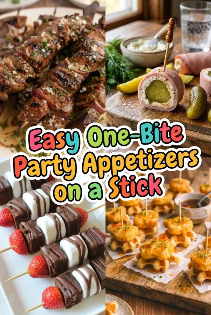 Colorful spread of party appetizers on a stick arranged on a serving platter