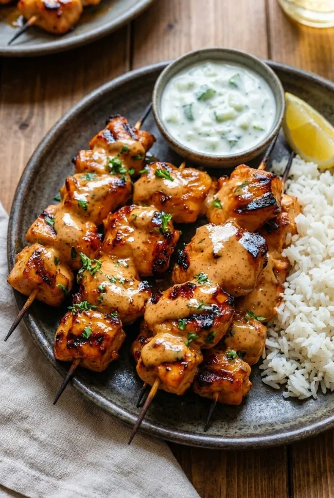 Crispy bang bang chicken skewers coated in creamy spicy sauce