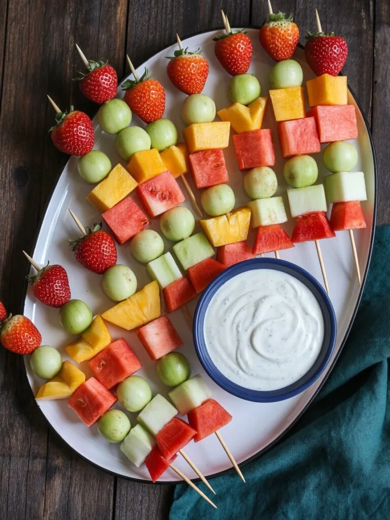 DIY fruit kabob station with bowls of fruit and mini skewers for guests to assemble