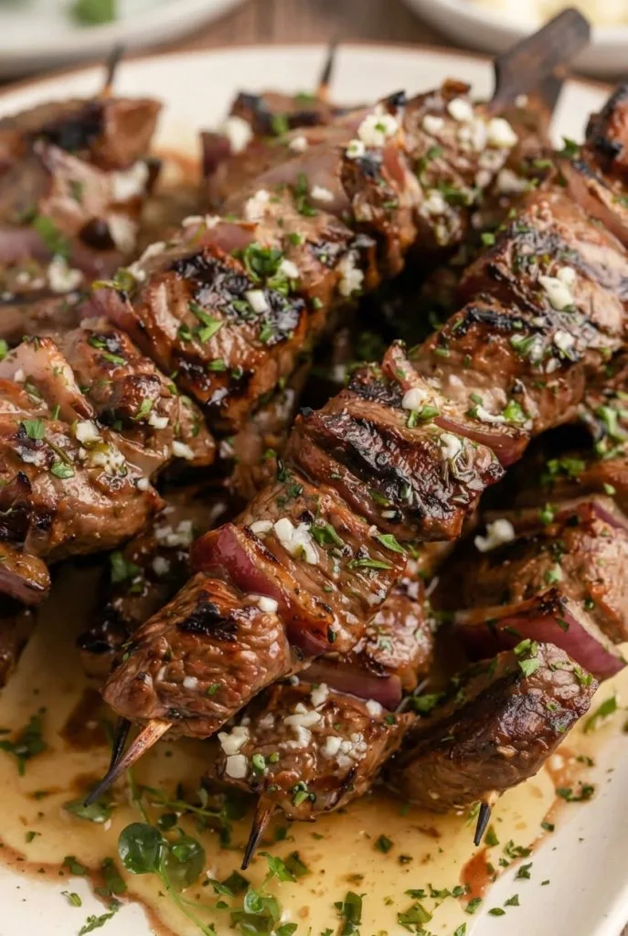 Garlic butter steak bites on skewers garnished with fresh parsley