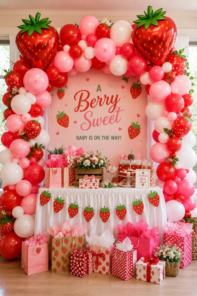 Red, pink, and white strawberry balloon arch framing a baby shower dessert table