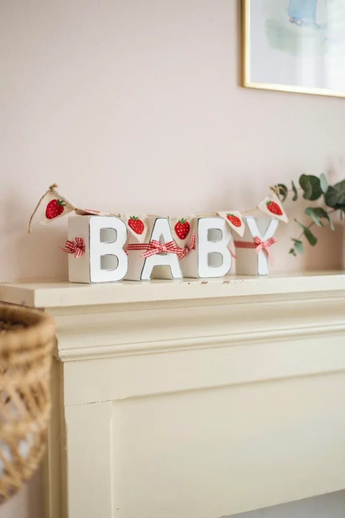 Wooden baby blocks wrapped in red gingham ribbon on a shelf with a strawberry banner