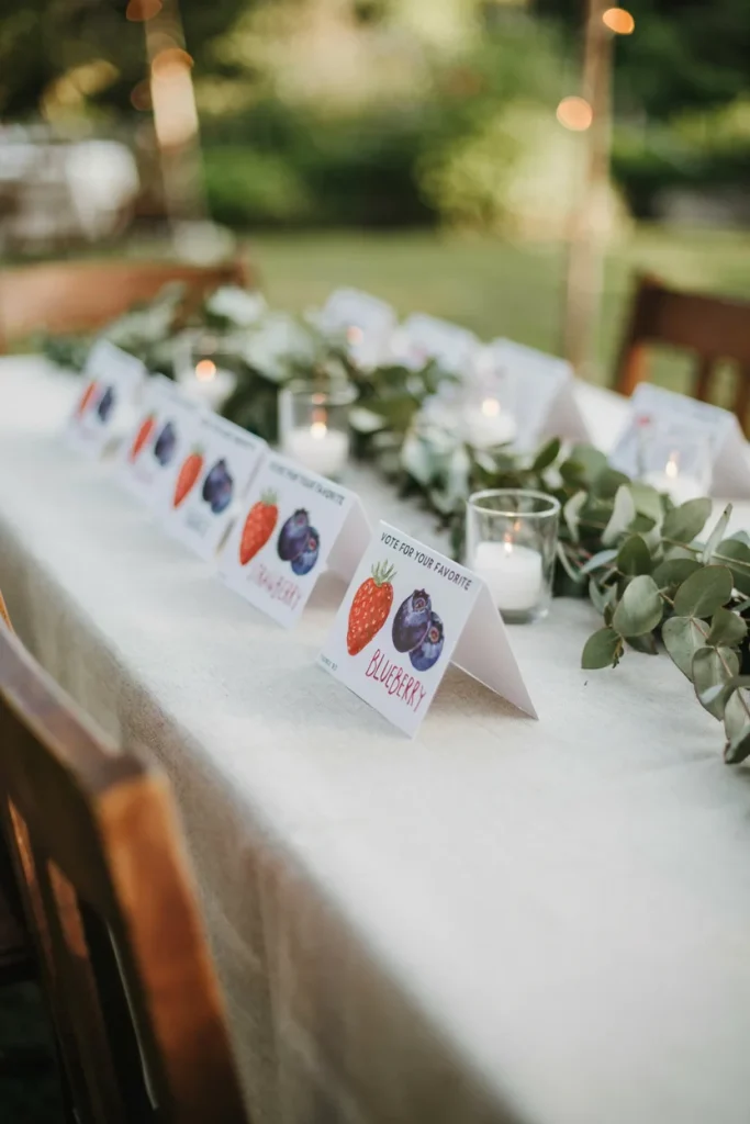 Double-sided strawberry and blueberry boy or girl voting table signs on a baby shower table