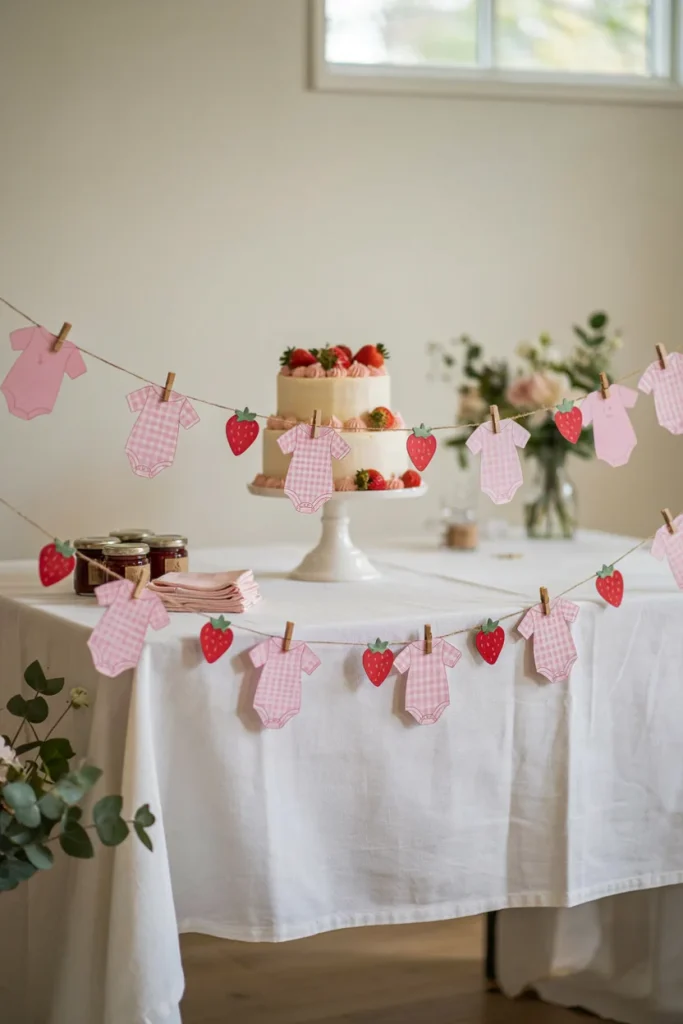 Pink gingham paper bodysuit garland with strawberry cutouts strung along a mantel
