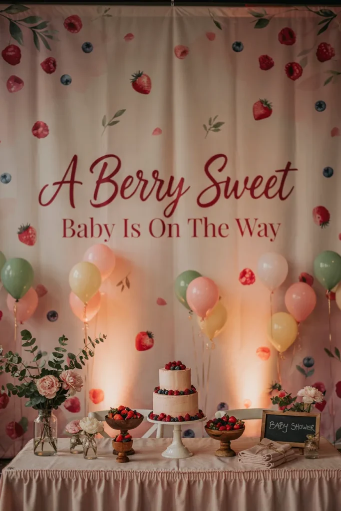 A berry sweet baby is on the way fabric photo backdrop behind a baby shower cake table