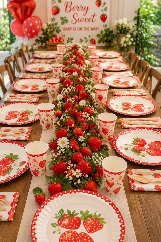 Table set with red and white strawberry-print plates, napkins, and cups for a baby shower