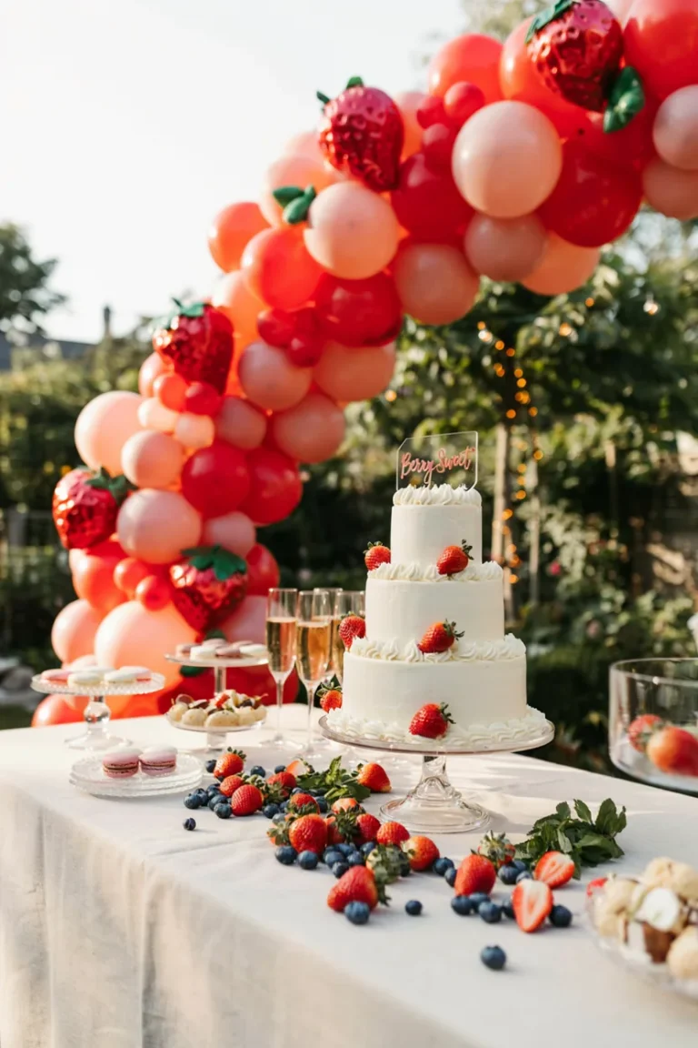 A styled dessert table with a strawberry balloon arch backdrop, a "Berry Sweet" cake topper on a tiered stand, and a scatter of fresh strawberries and blueberries in the foreground. Warm, bright natural light.