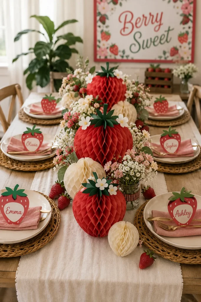 Red and cream honeycomb centerpieces with strawberry place cards on a baby shower table