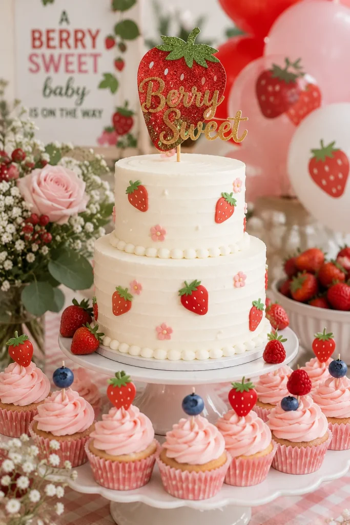 Two-tier white cake with a glitter strawberry cake topper surrounded by pink cupcakes