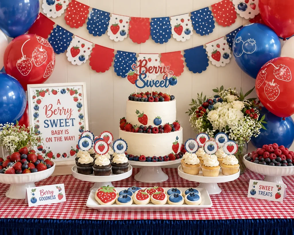 Red and blue berry sweet dessert table with matching banner, cake topper, and balloons
