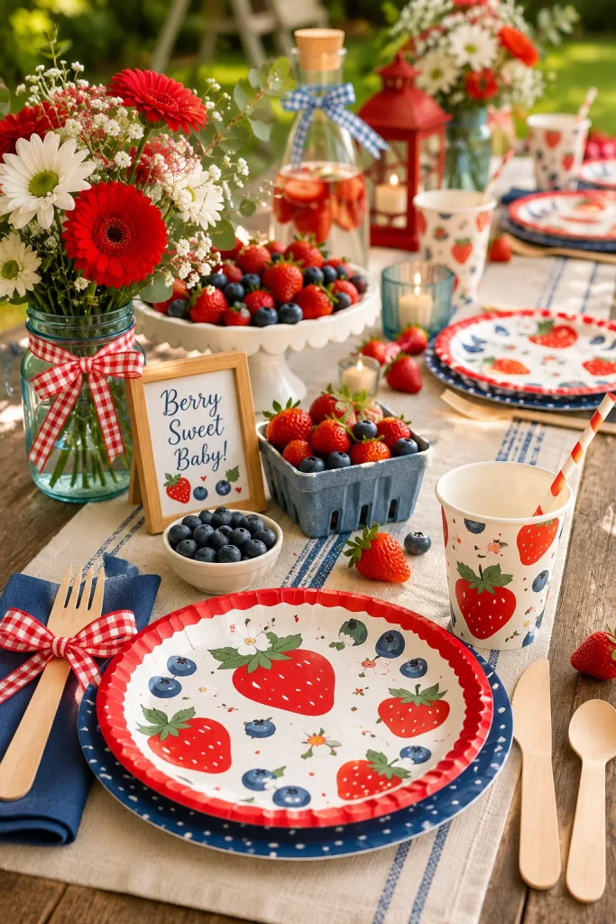 Outdoor picnic table set with red and blue berry-print paper plates