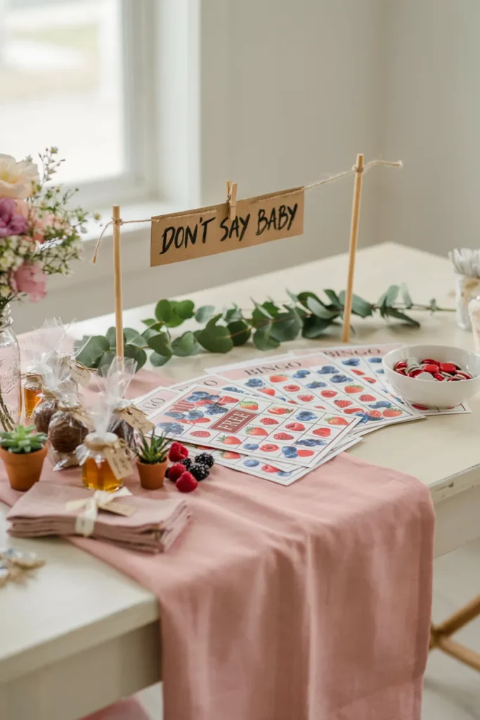 Berry-themed baby shower bingo cards and don't say baby clothespin sign on a games table
