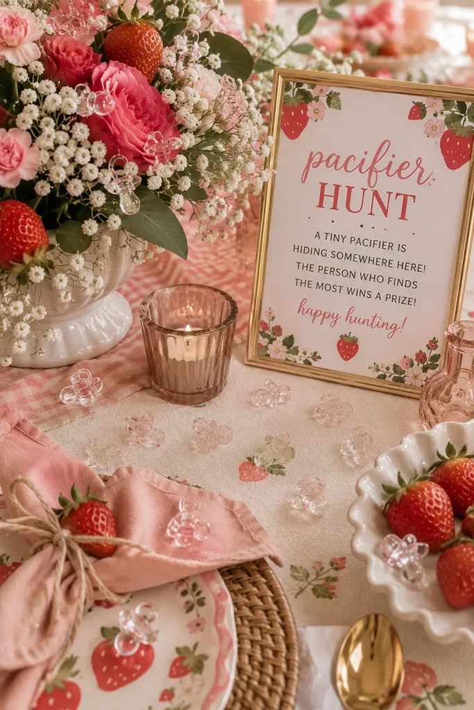 Acrylic strawberry pacifier hunt game pieces scattered on a decorated baby shower table