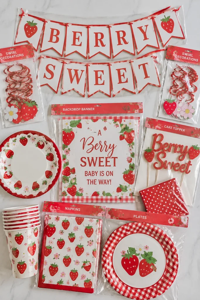 Strawberry party bundle flat lay with banner, plates, cups, and napkins in packaging