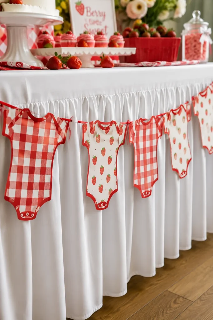 Red and white plaid fruit bodysuit paper garland strung along a dessert table