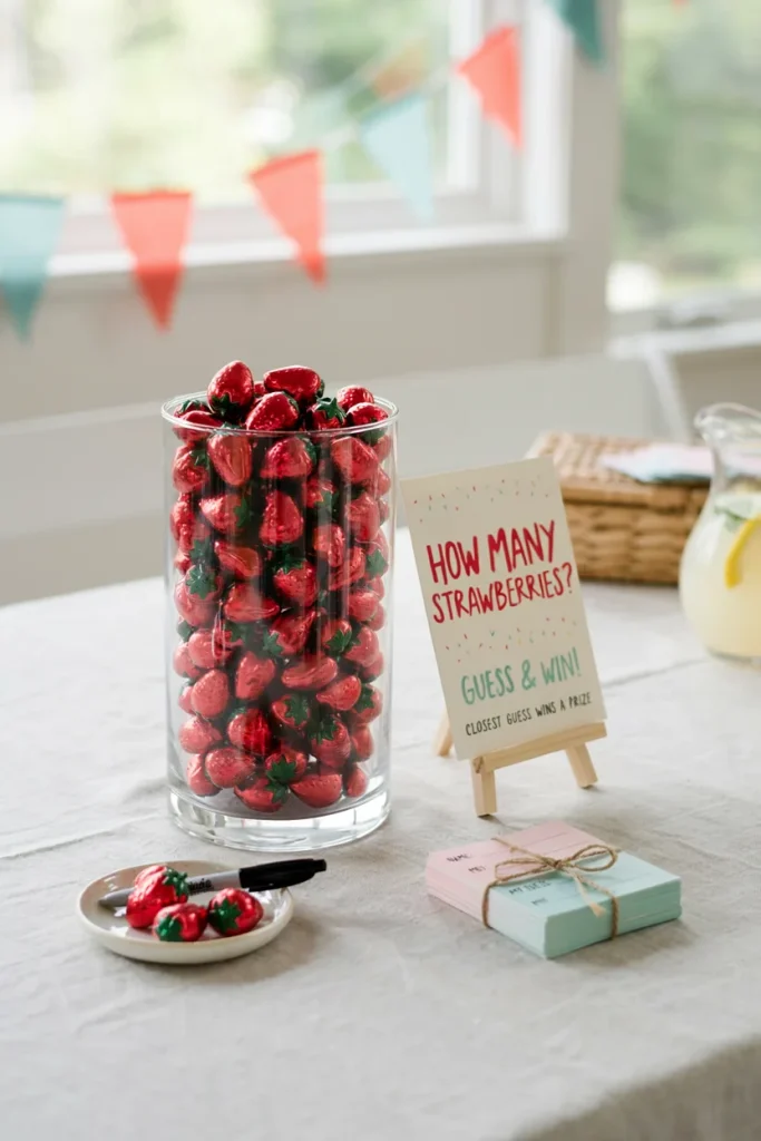 Guess how many strawberries game jar with sign and entry cards on a baby shower games table