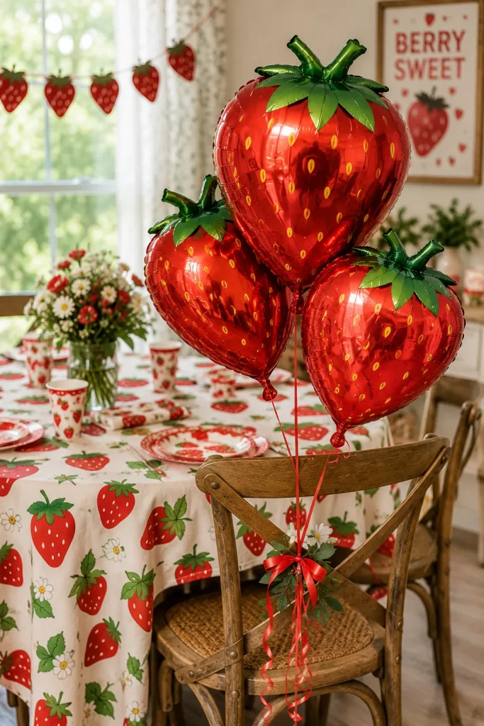 Small bouquet of red 4D strawberry foil balloons tied to a chair with a matching tablecloth
