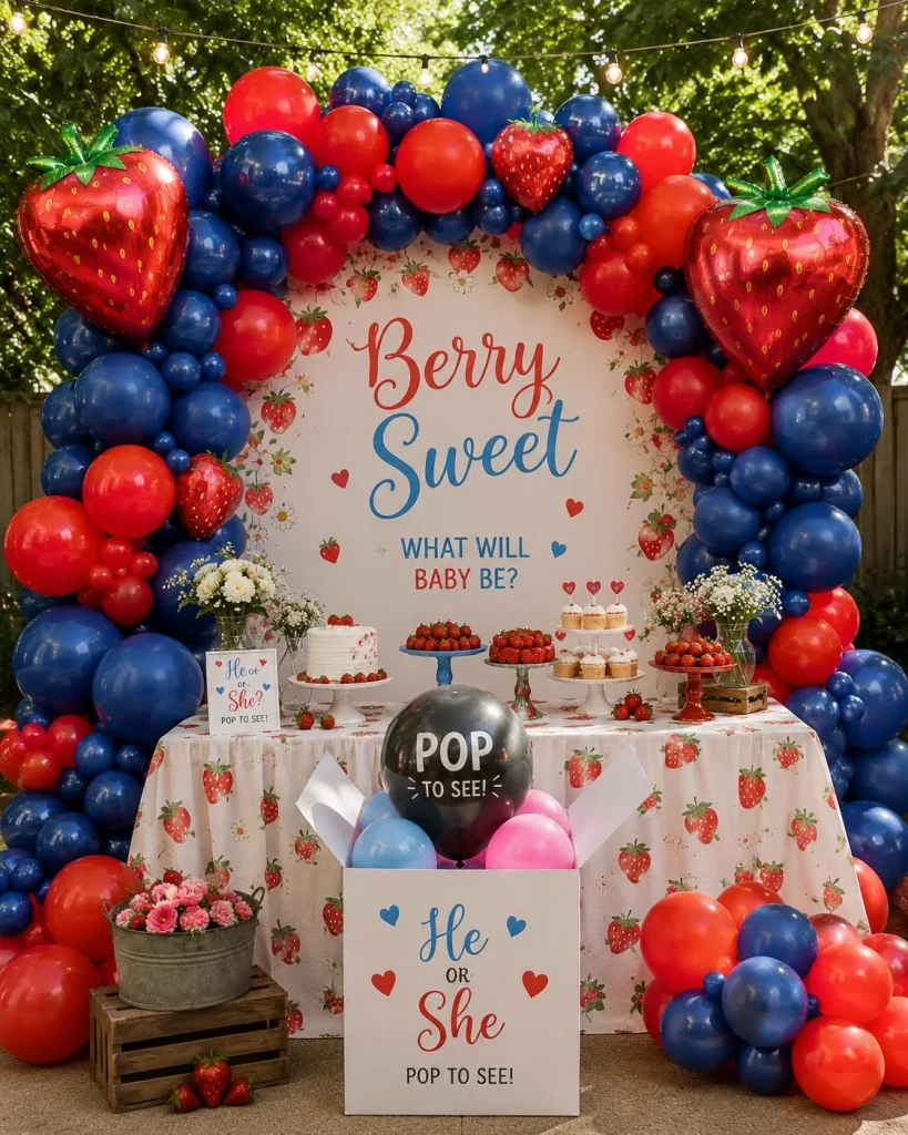 Blue and red balloon arch with a berry sweet backdrop for a baby gender reveal