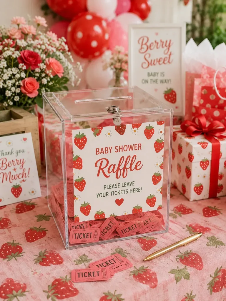 Clear acrylic diaper raffle box with strawberry label on a baby shower gift table