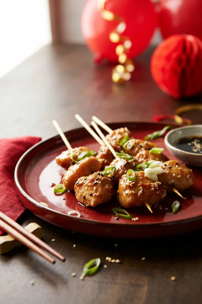 Chicken chunks glazed with sesame ginger sauce, sesame seeds on top