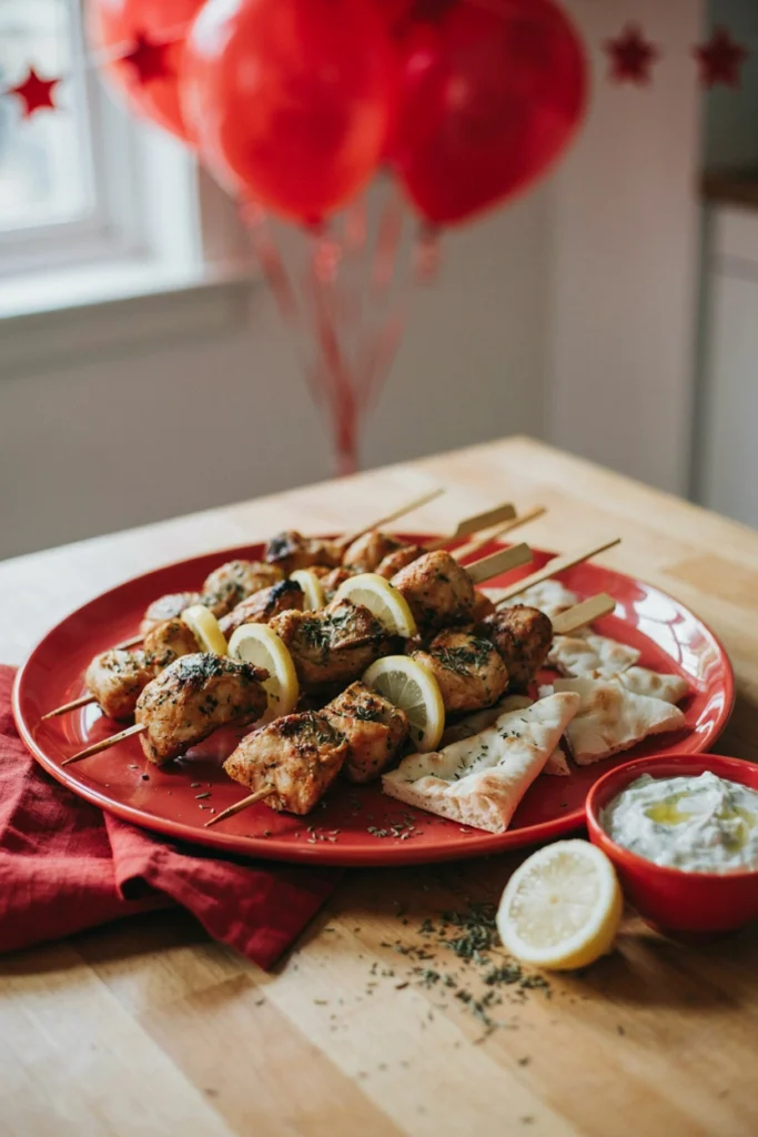 Chicken skewers served with pita strips and tzatziki bowl