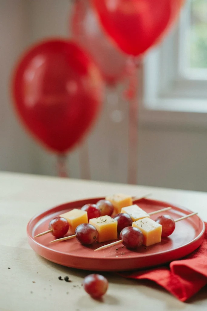 Cheddar cubes alternating with red grapes on short skewers