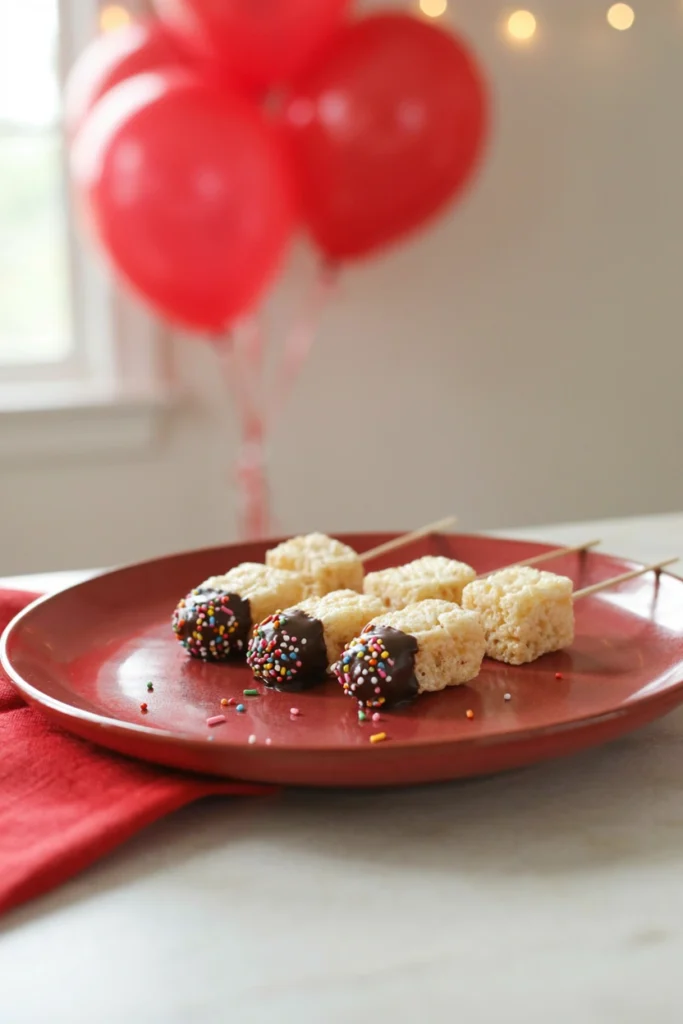 Cubed rice krispie treats dipped in chocolate on skewers