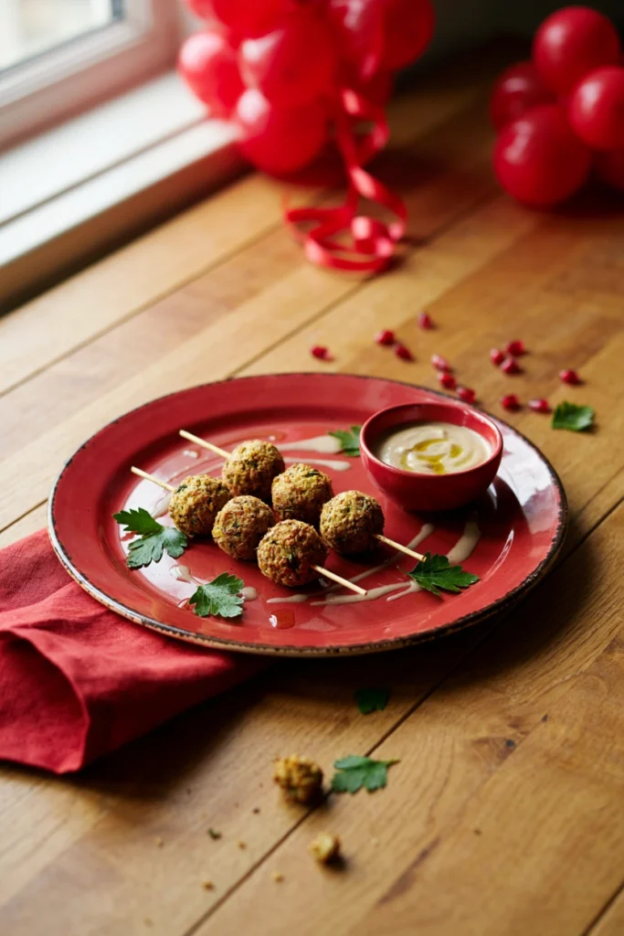 Small falafel balls threaded on skewers with a tahini drizzle