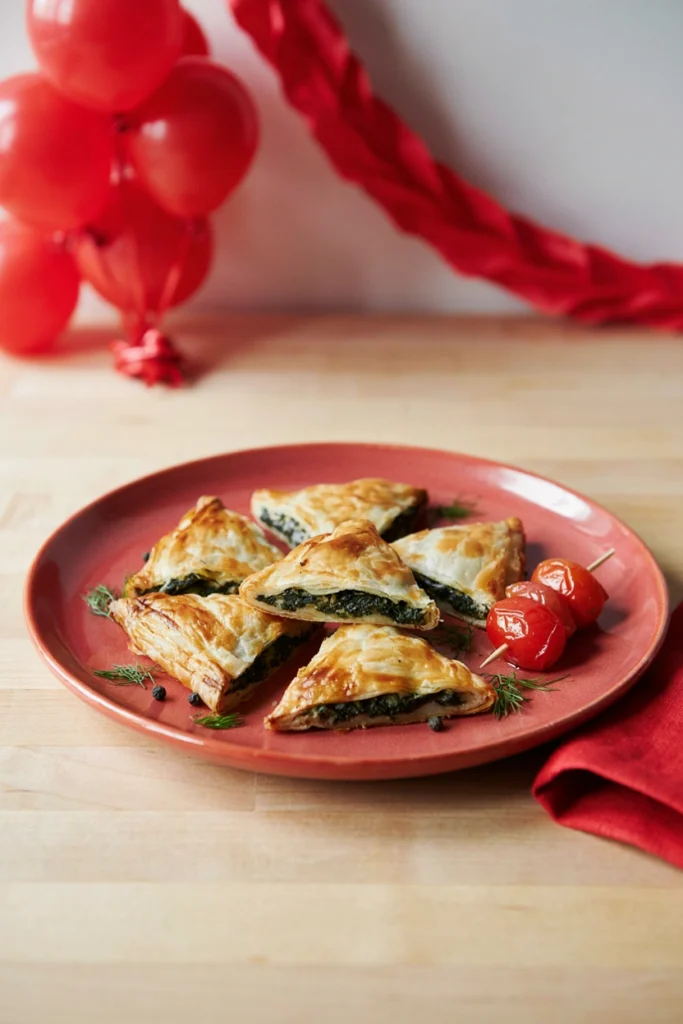 Small spinach and feta phyllo triangles skewered with cherry tomato